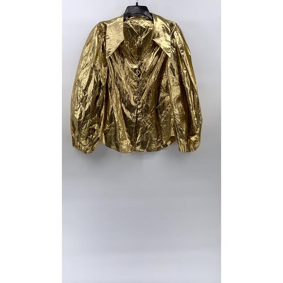 UNBRANDED Women's Gold Metallic Shine Long Sleeve Button Up Blouse SZ M - Picture 1 of 9